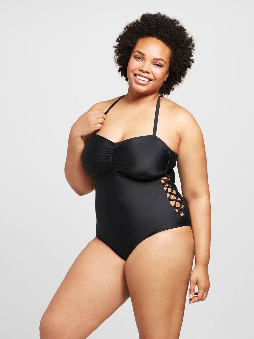 Black Halter One-Piece Swimsuit with Side Lattice Plus Size 18W - Picture 9 of 11
